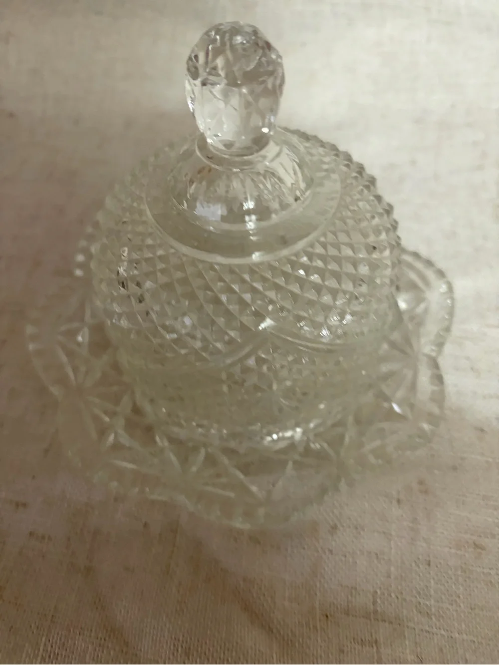 Avon Fostoria Diamond Point Stars Glass Covered Dish Candy Butter 6” 2 Piece